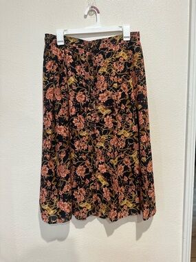 Modcloth Black Midi Skirt with Pink and Gold Floral Print